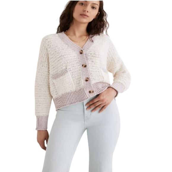 Madewell Sweaters - Madewell Seabrook Lavender and Cream Light Knit Cardigan with Pockets - Small